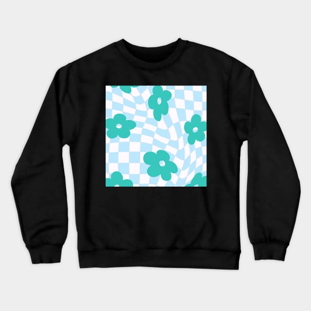 groovy pinterest checkered abstract blue flower print Crewneck Sweatshirt by SunwaveStickers